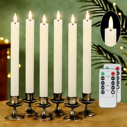 JOIONE Velas cónicas sin llama con temporizador remoto, paquete de 6 velas parpadeantes de cera real, funciona con pilas, velas LED eléctricas