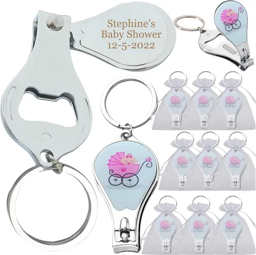 Miniatura 8 de Baby Shower personalizado (12 piezas) llavero rosa niña favores/cortauñas y abridor de botellas/grabado láser personalizado regalo (huella)