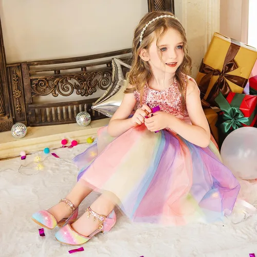 Miniatura 3 de Furdeour Zapatos de vestir para niñas, zapatos de princesa con tacón alto de cristal, puntera cerrada, fiesta, boda, flores, zapatos para niñas