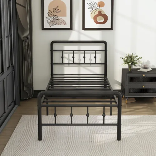 Miniatura 8 de DiaOutro Base de cama clásica de metal con cabecero y estribo, 16 pulgadas, no necesita somier, resistente estilo victoriano, base de Negro mate