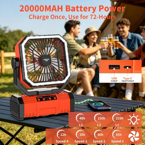 Miniatura 2 de Super RGB Ventilador de camping con luz LED, ventilador oscilante de tienda de campaña de 20000 mAh, ventiladores portátiles recargables con 4