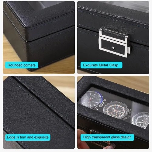 Miniatura 4 de Anyasun Caja de reloj con 3 ranuras, organizador de vitrina, caja de almacenamiento de reloj con tapa de vidrio para hombres y mujeres