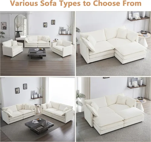 Miniatura 6 de mikibama Juego de sofá biplaza y sillón de lujo de 2 piezas, moderno juego de sofás nube tapizados de chenilla con 5 almohadas para sala de estar