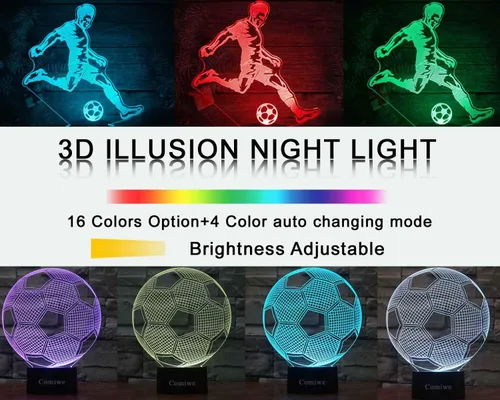 Miniatura 3 de Luz nocturna de ilusión 3D de fútbol, 16 colores regulables, lámpara de noche LED con control táctil y remoto, USB y alimentada por batería