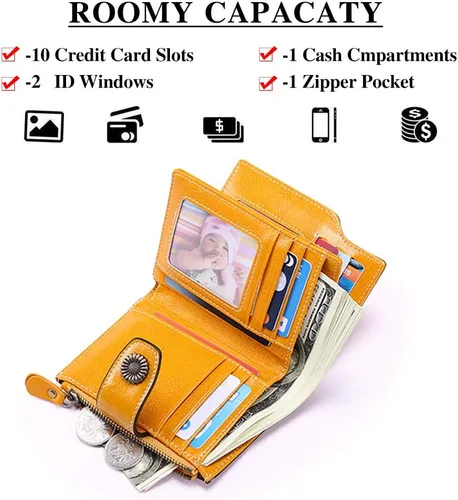Miniatura 2 de FALAN MULE - Cartera pequeña plegable para mujer de cuero genuino, compacta, con bloqueo RFID, Aa_Yellow), 5206