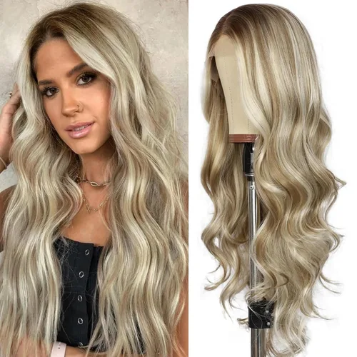 Miniatura 29 de SAPPHIREWIGS Peluca rubia con encaje frontal, pelucas largas y onduladas para mujer, pelucas de color rubio ceniza, resistentes al calor, para Mix