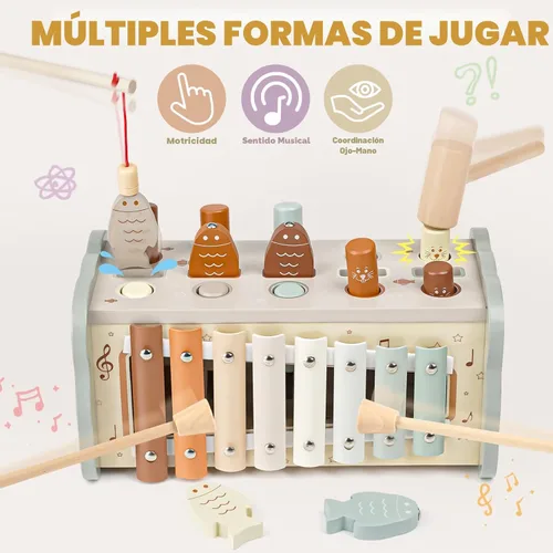 Miniatura 5 de Joyreal Juguetes Montessori de madera para niños de 1 año – Juguete martillador con xilófono y juego de pesca – Actividades educativas para niños