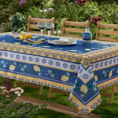 Miniatura 2 de Home Bargains Plus Mantel rectangular de tela, 52 x 70 pulgadas, jardín de limón azul, para interiores y exteriores, resistente a las manchas y al