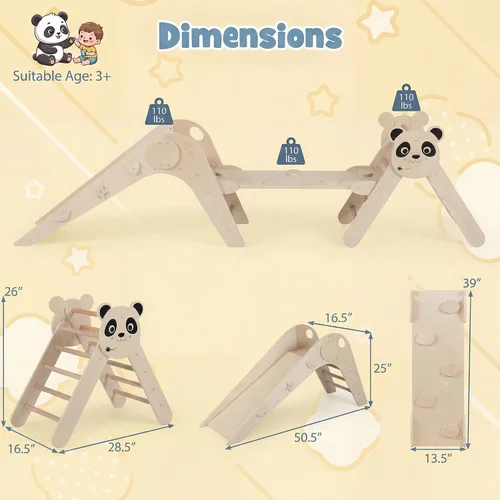 Miniatura 6 de GLACER Pikler - Juego de triángulos Montessori con temática de panda, juguetes de escalada para niños pequeños con escalera, túnel, tobogán, rampa