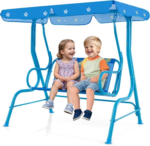 Miniatura 16 de GLACER Columpio de porche, hamaca de patio para niños con toldo ajustable y soporte, cinturón de seguridad, banco de columpio para exteriores de 2