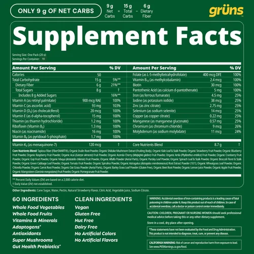 Miniatura 6 de Gruns - Gomitas Super Greens para Adultos, Ositos de Goma Multivitamínicos de Superalimentos, Espirulina, Clorela, Prebióticos y Gomitas de Fibra