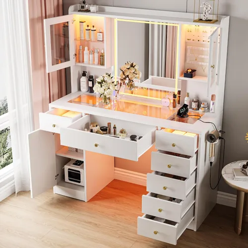 Miniatura 2 de Einhomn Escritorio de tocador de maquillaje con espejo y luces LED, mesa de tocador grande con parte superior de cristal con 7 cajones y 3