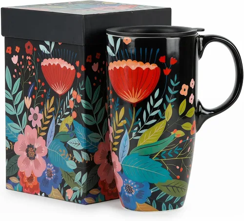 Miniatura 11 de DUSVALLY Juego de 2 tazas de café de cerámica de 17 onzas con tapa, tazas de café de viaje florales para oficina en casa, aptas para microondas