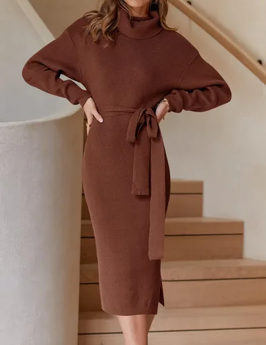 Miniatura 78 de ZESICA - Vestido por debajo de la rodilla de suéter, de cuello alto, para mujer, de manga larga, de punto acanalado, con abertura y cinturón