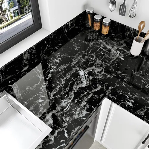 Miniatura 3 de Papel de contacto de mármol blanco y negro brillante para cocina, baño, papel tapiz de granito brillante, despegar y pegar, encimeras, papel