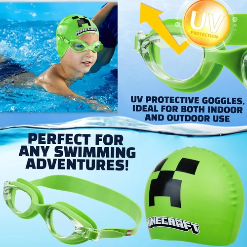 Miniatura 3 de Get Trend Gafas de natación y gorro de natación para niños y adolescentes, antivaho con protección UV Minecraft verde