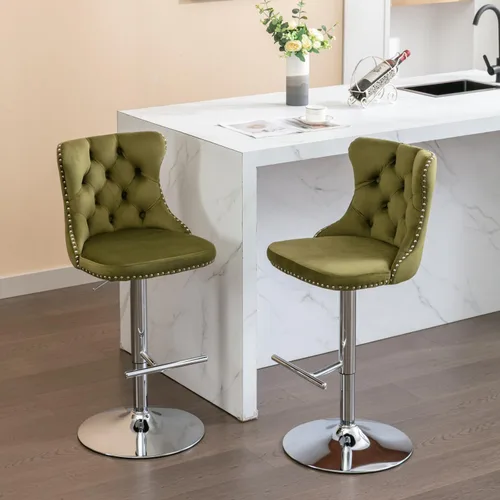 Miniatura 81 de Juego de 2 modernos taburetes de bar giratorios ajustables, sillas de bar copetudas de terciopelo beige con respaldo y ribete de cabeza de clavo