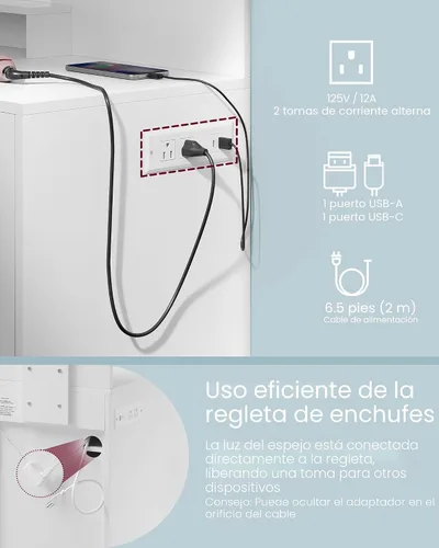 Miniatura 2 de VASAGLE Kailyn Collection - Escritorio de tocador con tomas de corriente y luces LED, mesa de maquillaje de 35.4 pulgadas de ancho con espejo, cajón