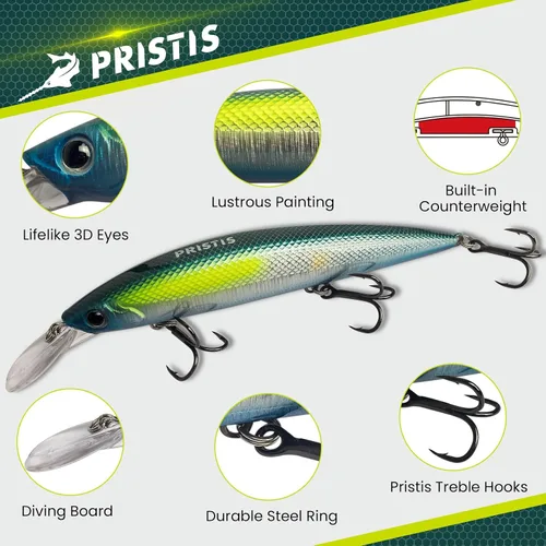 Miniatura 2 de Pristis Minnow - Señuelo de pesca, Crankbait de fundición larga con ganchos agudos afilados, juego de tapones de cebo duro de agua dulce de agua