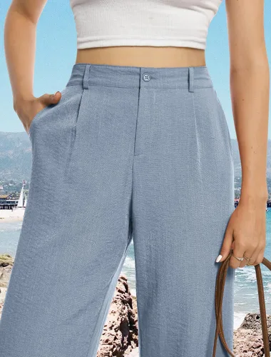 Miniatura 2 de Feiersi Pantalones casuales de pierna ancha para mujer, de cintura alta, con botones, rectos, pantalones largos palazzo
