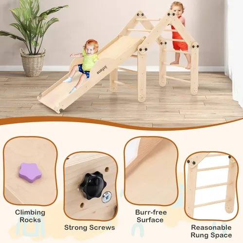 Miniatura 8 de INFANS Juguetes de Escalada 7 en 1 para Niños Pequeños, Set de Escalador de Cubo Montessori de Madera Mejorado con Rampa Reversible, Tobogán