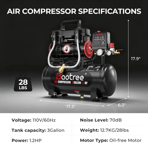 Miniatura 5 de 3 Gallon Ultra Quiet Air Compressor with Two Quick Couplers, 1.2HP MAX 115PSI Oil-Free Air Compressor Steel Tanks, 70dB Air Compressor with Wheels