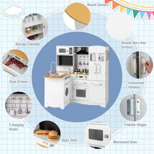Miniatura 6 de Costzon Juego de Cocina de Esquina para Niños, Juego de Cocina de Madera de Juguete 11 en 1 con Lavadora Realista, Microondas, Horno, Estufa