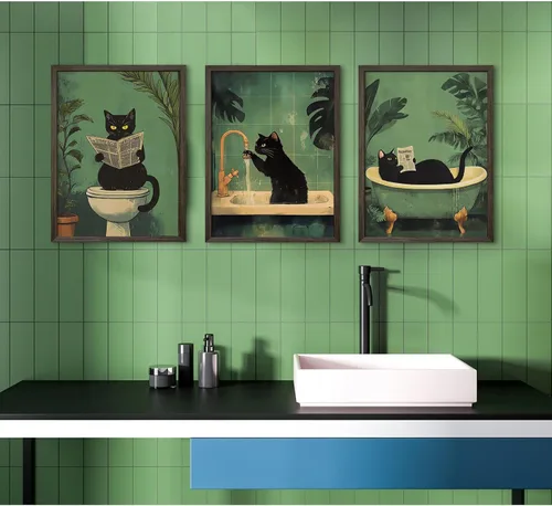 Miniatura 7 de Arte de pared de baño de gato, lienzo divertido para decoración de pared, imágenes de gato negro, impresiones lindas divertidas para baño, póster
