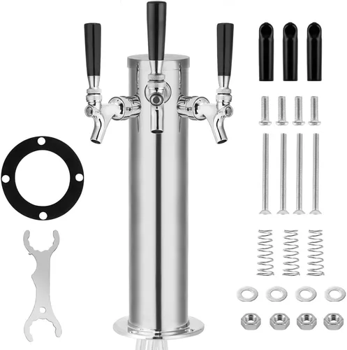 TMCRAFT Dispensador de torre de cerveza de barril de triple grifo, kit dispensador de torre de cerveza de acero inoxidable pulido con tubo