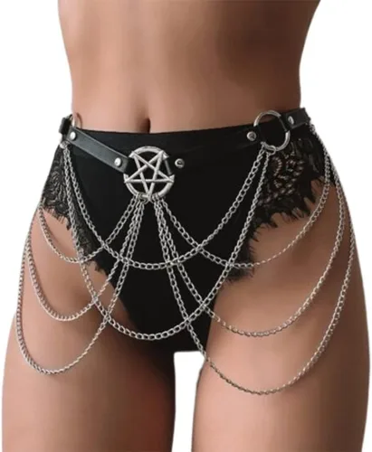 Asooll Cinturón de cuero punk, cadena de cintura negra, cadena de cuero de moda, joyería de cintura de cuero, bikini, playa, club, fiesta,