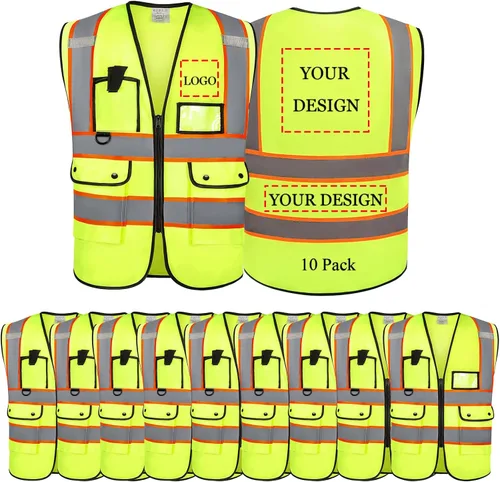 Miniatura 22 de Chaleco de seguridad con logotipo personalizado, chaleco reflectante de visibilidad estándar ANSI clase 2 a granel con bolsillos y cremallera