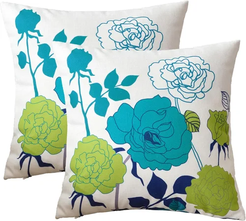 Miniatura 10 de Juego de 2 fundas de almohada de lino y algodón para sofá, 7.1 x 7.1 pulgadas, serie de pájaros y flores, mezcla de algodón, Amarillo y agua
