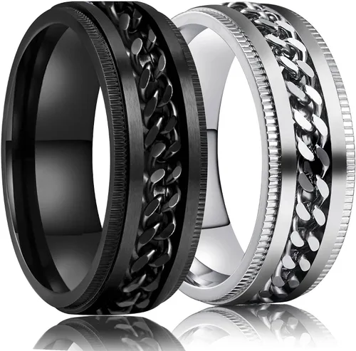 LAOYOU Anillo giratorio para hombre para alivio de la ansiedad | 0.315 in de acero inoxidable negro anillo de ansiedad con incrustaciones de cadena
