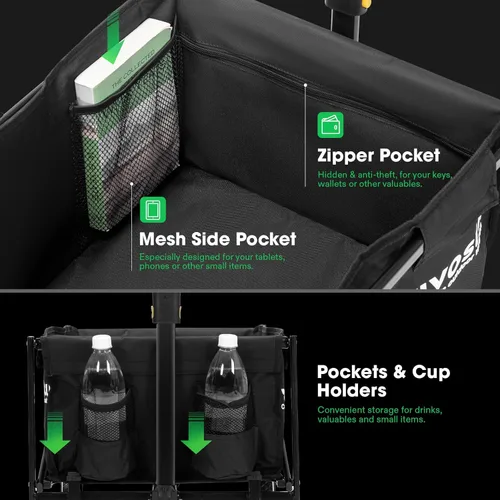 Miniatura 3 de VIVOSUN Carro Plegable, Utilidad Exterior con Ruedas Todo Terreno, Mango Ajustable, Portavasos y Bolsillos Laterales, para Acampar, Compras, Jardín