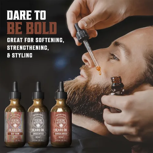Miniatura 2 de Viking Revolution Aceite para barba para hombres, paquete de 3 – Aceite natural para barba para hombre, juego variado Set 2 – aromas de sándalo, sin