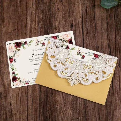 Miniatura 3 de DORIS HOME 50 tarjetas de invitación de encaje floral dorado blanco cortado con láser con sobres para invitaciones de boda, despedida de soltera