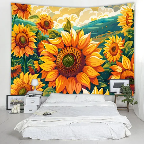 Miniatura 15 de WODEJIAFANG Tapiz estético de tela para pared, tapiz decorativo de girasol, fondo de oficina, divisor de habitación para dormitorio, jardín al aire