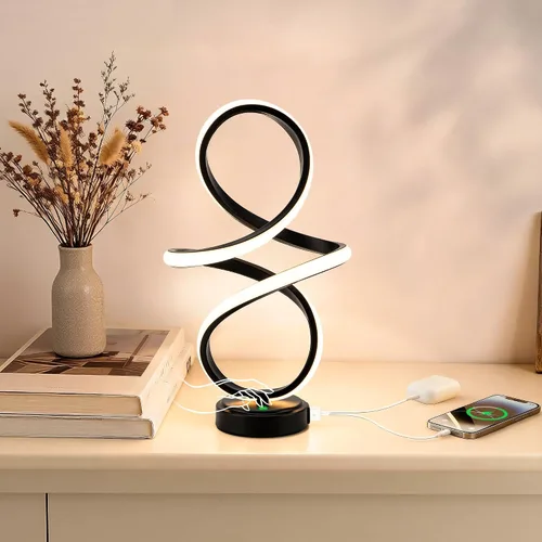 Mayful Moderna lámpara de mesa en espiral, pequeña lámpara de mesita de noche negra con puertos USB C y A, control táctil regulable con 3