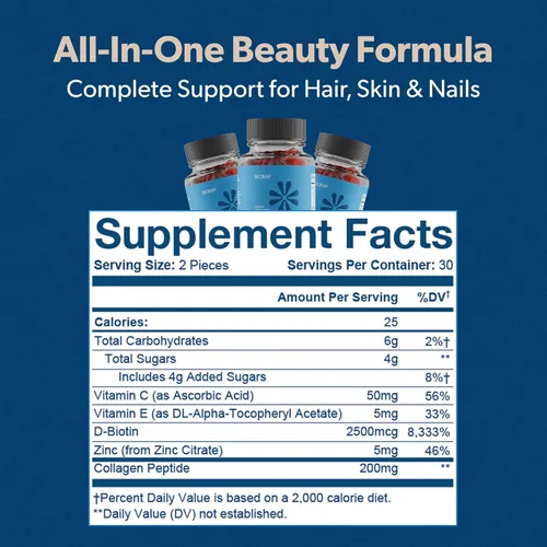 Miniatura 6 de BIOMA Gomitas de belleza para cabello, piel y uñas, apoya el crecimiento y la fuerza con biotina, colágeno, zinc y vitaminas C y D, sin gluten, 180