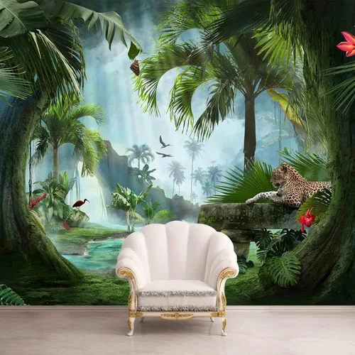 Miniatura 3 de Bormia - Mural de pared de bosque de fantasía, 151 x 105 pulgadas, papel tapiz grande de leopardo animal, calcomanía de pared para sala de estar, 038