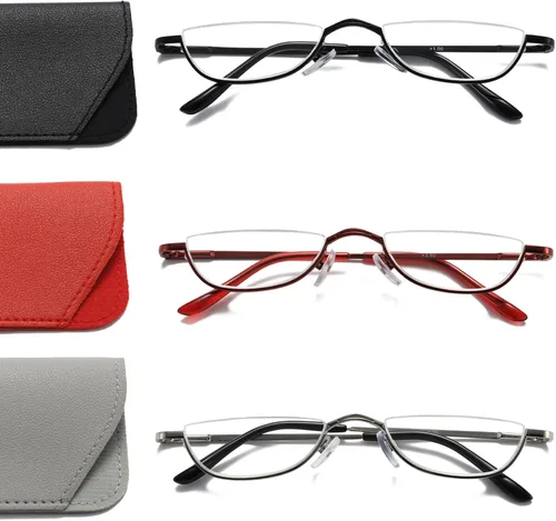 Miniatura 11 de Viseng Gafas de lectura de medio marco para mujer y hombre, lentes de media luna delgadas, lectores de metal con montura semi desmontable +1.0