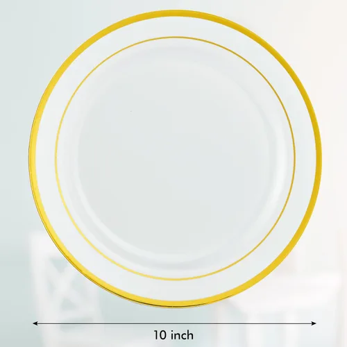 Miniatura 6 de Vplus 100 piezas de platos de plástico dorados de 10 pulgadas desechables, platos de plástico resistentes blancos elegantes y duraderos con borde