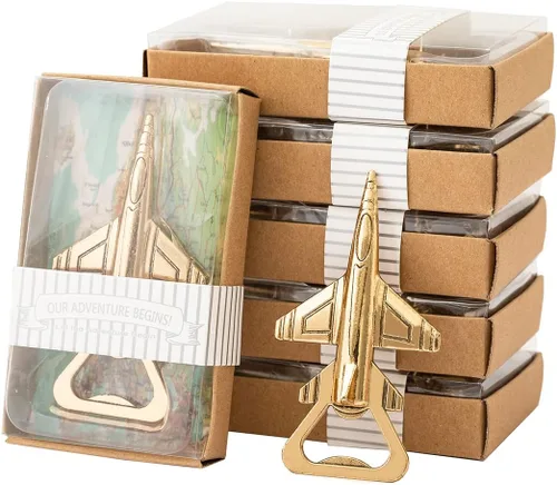 Paquete de 50 abridores de botellas de avión para piloto/veteranos, viajes de aventura, baby shower, boda, fiesta de cumpleaños, regalos, Dorado