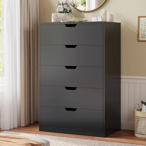 HAUOMS Cómoda alta de 5 cajones, cómoda moderna negra para dormitorio, vestidor de armario con cajones para sala de estar, entrada, pasillo Negro
