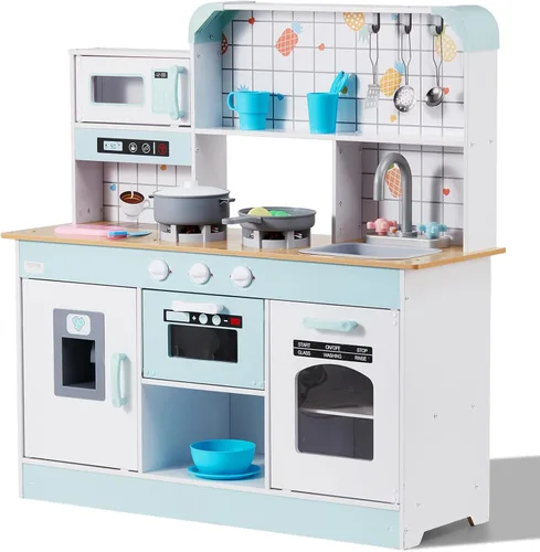 Miniatura 13 de VEVOR Cocina de Juguete de Madera, Cocina de Juego para Niños con Luces y Sonidos, Cocina Infantil con Máquina de Hielo, Horno, Fregadero, Rosa
