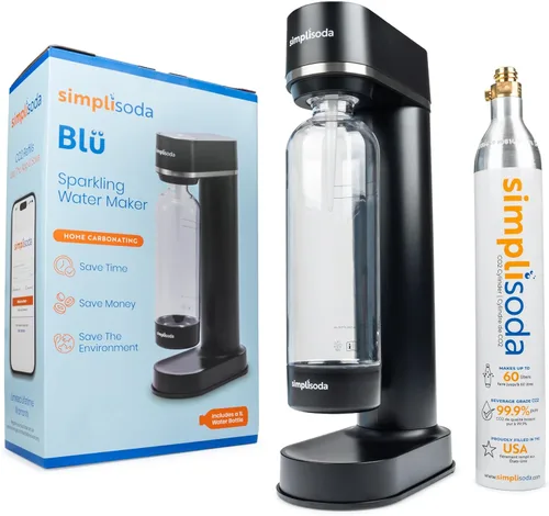Simpli Soda BLÜ Fabricador de Agua con Gas, Máquina Premium para Hacer Soda, Máquina de Agua Carbonatada y Fabricador de Soda - Negro (Máquina + 1