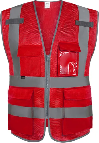 Miniatura 10 de Dazonity Chaleco de seguridad de malla de alta visibilidad con múltiples bolsillos y cremallera, apto para hombres y mujeres, trabajo, construcción