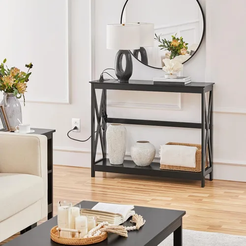 Miniatura 2 de Yaheetech Mesa consola con tomas de corriente y puertos USB, mesa de entrada con estantes de almacenamiento, mesa de sofá estrecha larga con diseño