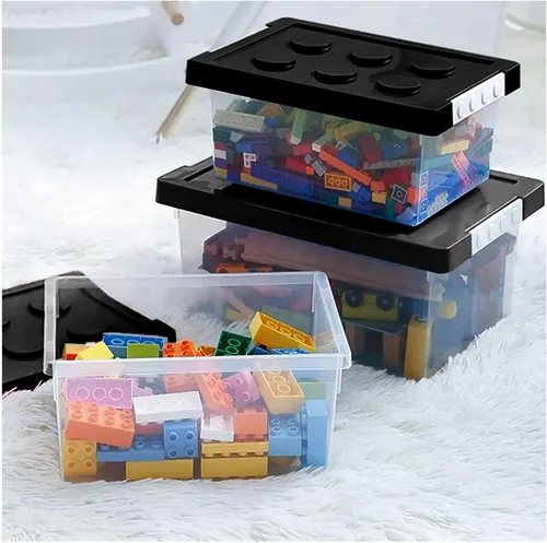 Miniatura 4 de Contenedores de almacenamiento de plástico con tapas, caja organizadora apilable de juguetes, juego de 2, cofres de juguetes con placa base y tapa