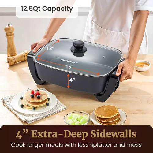 Miniatura 3 de Elite Gourmet EG6203 Extra Deep 16"x13"x3.2" (10.5Qt.) Resistente a los arañazos, boquilla fácil de verter, apta para lavavajillas, sartén eléctrica